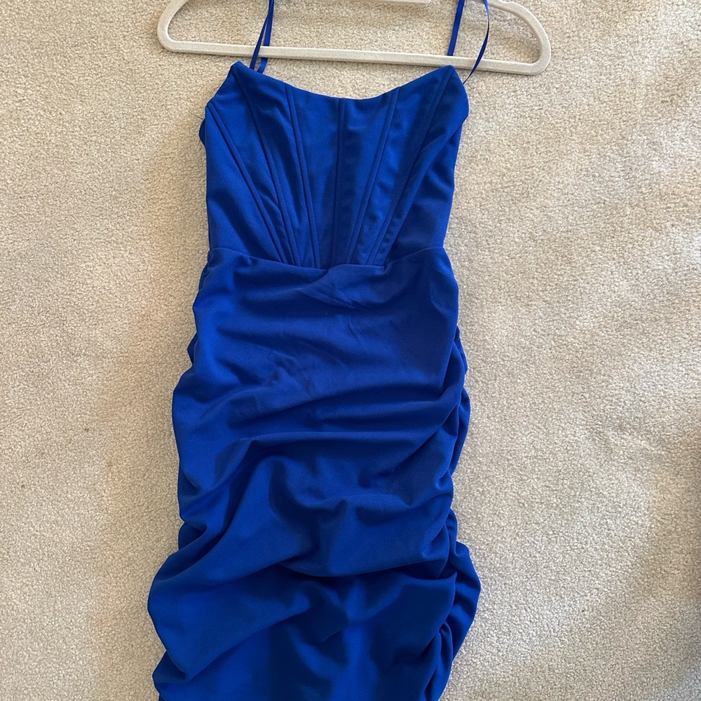 Windsor Blue Ruched Spaghetti Strap Cocktail Dress with Bustier on top